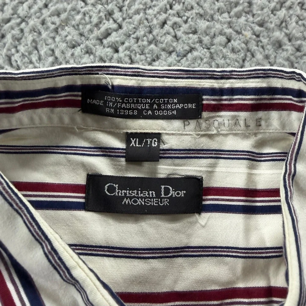 Christian Dior Monsieur Mens XL Striped Button Down Shirt Cotton Navy Burgundy